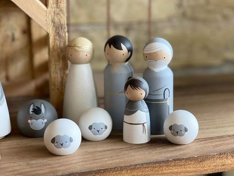 Wood Nativity Diy, Nativity Peg People, Kids Church Christmas, Nativity Peg Doll, Pig Doll, Operation Christmas Child Boxes, Wooden Clothespin Crafts, Christmas Pebble Art, Diy Nativity