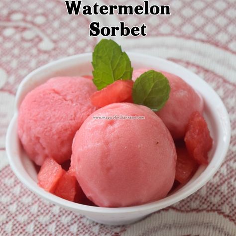 Watermelon sorbet is an easy & delicious recipe using watermelon as base. It is easy to make & to make it smooth & adjust sweetness condensed milk is added. Watermelon Sorbet Recipe, Recipes Using Condensed Milk, Watermelon Sorbet Recipes, Sorbet Is, Watermelon Sorbet, Sorbet Recipe, Condensed Milk Recipes, Homemade Ice Cream Recipes, Sorbet Recipes