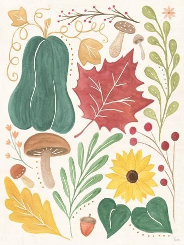 size: 12x9in Art Print: Mod Harvest II by Veronique Charron : Retro Fall Illustration, Thanksgiving Painting Ideas Canvas, Cute Fall Art, Farmers Market Art, Fall Digital Art, Fall Illustrations, Watercolor Whimsy, Harvest Art, November Art