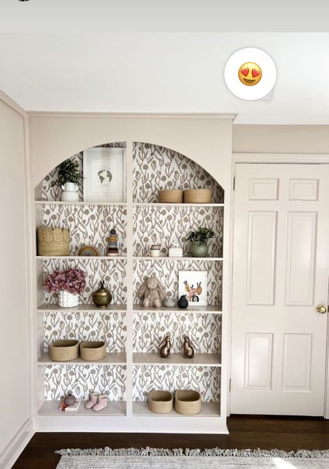 Built In Corner Shelves, Corner Shelves Living Room, Basement Built Ins, Wallpaper Bookshelf, Built In Wall Shelves, Painted Built Ins, Apartment Painting, Built In Shelves Living Room, Wallpaper Shelves