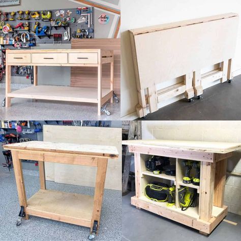 Workbench On Wheels, Simple Shelves, Workbench Plan, Easy Small Wood Projects, Folding Workbench, Pocket Hole Joinery, Workbench Plans Diy, Diy Hammock, Craft Shed