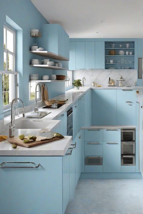 Step into a serene 2024 kitchen oasis with the soothing Morning Sky Blue paint by Benjamin Moore. Get ready to elevate your interior design routine with calming blue hues. #Ad #homedecor #homedesign #kitchen #Painthome interiorarchitecture best Wall Colors for kitchen Colors Bright Room Colors best colors combinations  Home Remodeling Modern Paint Colors 2024 Sky Blue Kitchen Ideas, Sky Blue Kitchen, Bright Room Colors, Sky Blue Paint, Benjamin Moore Kitchen, Best Wall Paint, Kitchen Cabinets Color Combination, Best Wall Colors, Modern Paint Colors