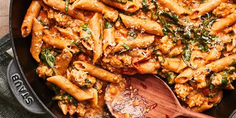 One-Skillet Ground Chicken Pasta Recipe | EatingWell Ground Chicken Pasta Recipes, Ground Chicken Pasta, Fibre Recipes, Pasta And Spinach, Pasta Simple, Macro Diet, Cheesy Chicken Pasta, High Protein Dinner, Chicken Parmesan Pasta