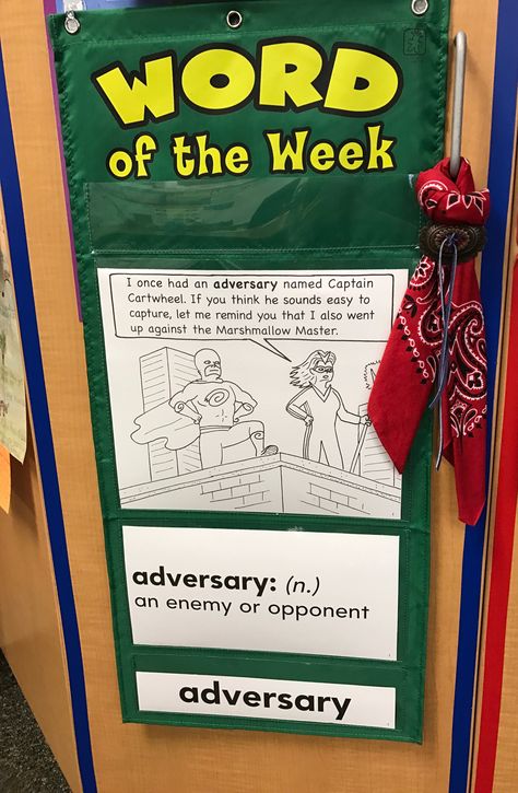 Word of the Week Display! This is presented on the left side of Mrs. Windle's fourth grade classroom. It is located alongside the I PICK and Reading Response Exit Slips. I will most definitely be implementing this in my future classroom, so that my students vocabulary can increase in both what they read and write. Interactive Display Classroom, Word Of The Week Display, Vocabulary Display, Fourth Grade Classroom, 2024 Classroom, Word Of The Week, Exit Slips, Class Displays, Interactive Classroom