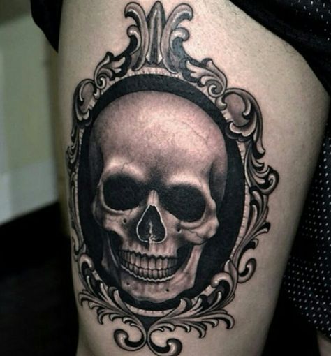 Skull Frame Tattoo, Skull Cameo Tattoo, Mirror Skull Tattoo, Skull In Mirror Tattoo, Skull Mirror Tattoo, Dark Gothic Tattoo Ideas, Cameo Tattoo, Tiara Tattoo, Mirror Tattoos