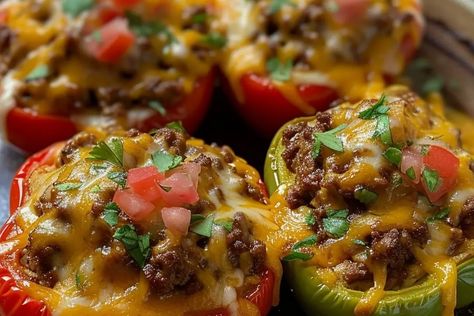 Taco Stuffed Bell Peppers Stuffed Bell Peppers Taco, Stuffed Bell Peppers Mexican, Taco Stuffed Bell Peppers, Stuffed Bell Peppers Recipe, Baked Peppers, Classic Lasagna Recipe, Taco Stuffed Peppers, Grandma's Recipes, Traditional Lasagna