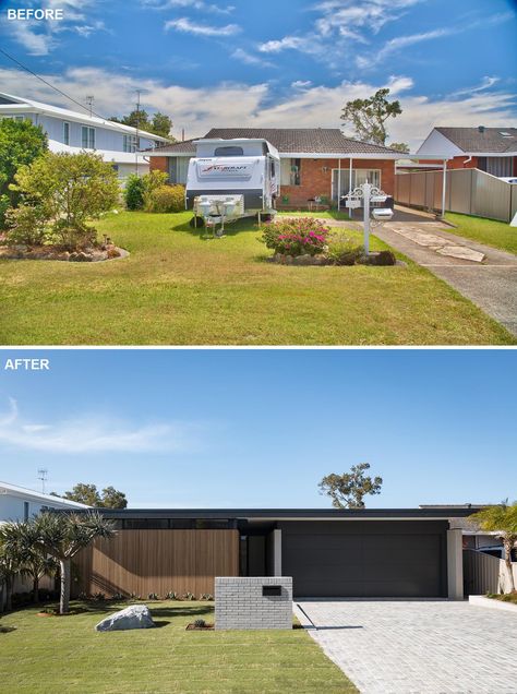 Front Extension Ideas, Retro House Exterior, 1970 House Remodel, Front Garden House, 70s House Renovation, Clinker Brick House, 70s House Exterior, Facade Makeover, Orange Brick Houses