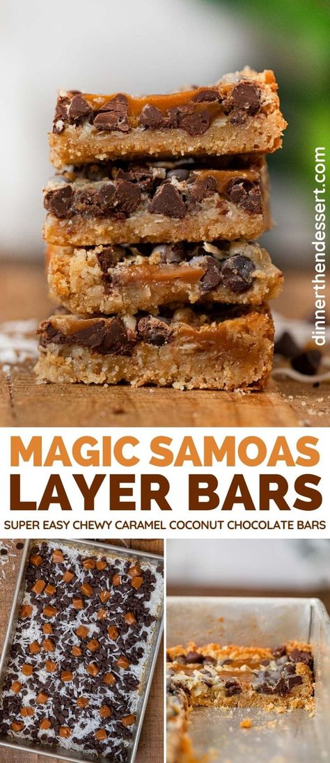 Magic Samoas Bars have all the chewy caramel coconut chocolate cookie goodness you love in Girl Scout Cookies, ready to serve in just 30 minutes! #dessert #cookies #cookiebars #samoas #samoacookies #layerbars #magiclayerbars #dinnerthendessert Samoa Bars Recipe, Samoa Pie Recipe, Caramel Coconut Cookies, Samoas Bars, Samoa Bars, Samoa Cookies Recipe, Layer Bars Recipe, Coconut Caramel Cookies, Magic Cookie Bar Recipe