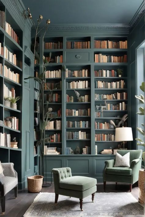 What Are the Charcoal Blue Confessions in Sage Green's Stylish Library Retreat [2024]? - West Pear Interiors Maximalist Library, Green Library Room, Blue Green Rooms, Moody Maximalist, Green Bookshelves, Blue Bookshelves, Green Library, Home Library Rooms, Corner Ideas