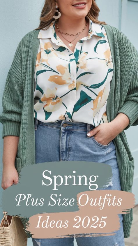 Refresh your spring style with this casual yet chic outfit from our spring plus size outfits ideas for 2025! Featuring a floral blouse paired with a cozy sage green cardigan and high-waisted denim, this look is perfect for any laid-back outing. 💐✨ #CurvyStyle #SpringTrends2025 Plussize Outfit Ideas Spring, Plus Size Outfit Ideas Spring, Button Up Shirt Outfit Plus Size, Plus Size Spring Capsule Wardrobe, Cute Mom Outfits Plus Size, Plus Size Business Casual Spring, Midsize Spring Outfits 2025, Spring Business Casual Outfits Plus Size, Plus Size Spring Outfits 2025