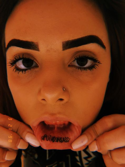 Aesthetic Lip Tattoos, Inner Lip Tattoo Aesthetic, Tattoo Inside Lip, Mouth Tattoo Inner Lip, Lips With Fangs Tattoo, Lips With Vampire Teeth Tattoo, Lip Aesthetic, Inner Lip Tattoo, Mouth Tattoo