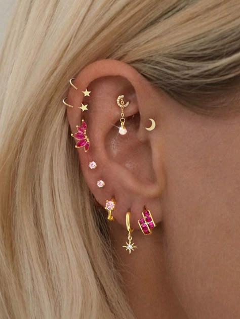 Yellow Gold  Collar  Copper   Embellished   Women Fashion Jewelry Earrings All The Way Up The Ear, Womens Earrings Fashion, Gold Peircings Women, Matching Piercings Friends, Ear Ring Ideas, Pink Ear Jewelry, 4 Love Piercings, Women’s Piercings, New Ear Piercing Ideas