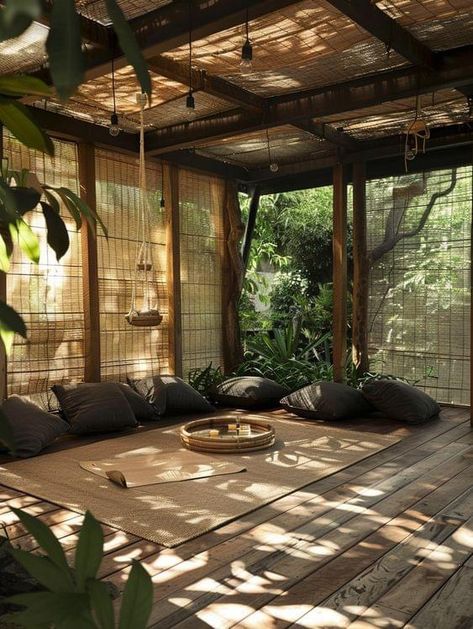 Yoga Outside Space, Outdoor Studio Space, Healing Center Design Spaces, Healing Space Ideas, Garden Yoga Space, Garden Yoga Studio, At Home Yoga Studio, Bedroom Patio Ideas, Yoga Garden Space