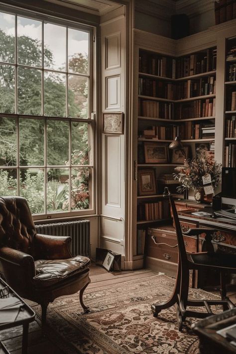 Cozy Library Corner with a Vintage Armchair Cozy Vintage Living Room, Vintage Home Library, English Country Kitchen, English Countryside Home, English Country Interiors, Library Corner, Countryside Home, Cozy Library, European Cottage