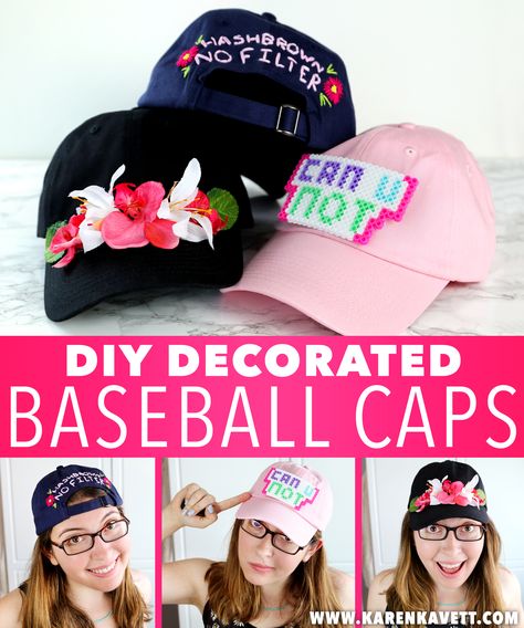 DIY Decorated Baseball Caps 3 Ways! | Karen Kavett Decorating Baseball Caps Diy, Embellishing Clothes, Diy Caps, Baseball Hat Racks, Bling Hats, Senior Jeans, Cool Baseball Caps, Plain Baseball Caps, Wall Hats