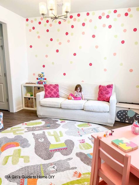 Polka Dot Bedroom Ideas, Polka Dot Room Ideas, Painted Dots On Wall, Polka Dot Accent Wall, How To Paint Polka Dots On Wall, Hand Painted Polka Dot Wall, Polka Dot Bedroom, Nursery Ideas Polka Dots, Dining Room Playroom