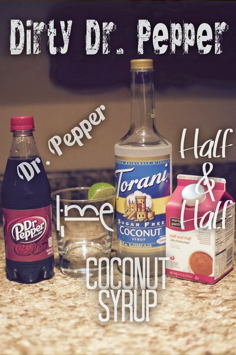 Dirty Dr. Pepper All you need is a lime, 1-2 tbs Coconut syrup, 1-2 tbs of half & half, and of course Dr. Pepper. Such a delicious treat! Sonic Dirty Dr Pepper, Dirty Doctor Pepper, Dr Pepper Drinks Ideas, Dirty Dr Pepper Recipe, Dirty Dr Pepper, Drink Combos, Soda Drinks Recipes, Copycat Starbucks Drinks, Sonic Drinks