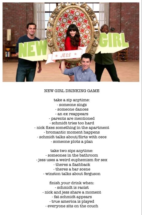 A fun game to play while drinking and watching New Girl that isn't True American! Drinking Game Tv Shows, True American Drinking Game, Show Drinking Games, Movie Drinking Games Funny, Drinking Game Movie, True American New Girl, Drink When Games Movies, 2 Person Drinking Game, Two Person Drinking Games