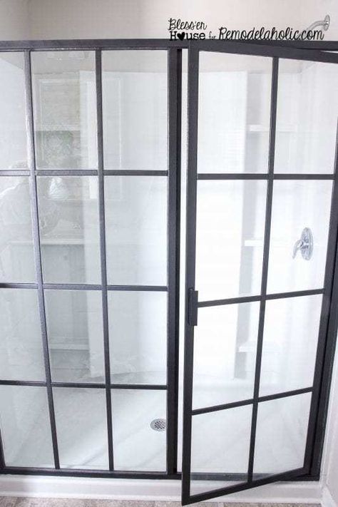 DIY Industrial Factory Window Shower Door Industrial Shower Doors, Remodeling Bedroom, Remodel Bathtub, Diy Shower Door, 80s Bathroom, 1950s Bathroom, Shower Makeover, Cheap Shower, Bedroom Remodeling