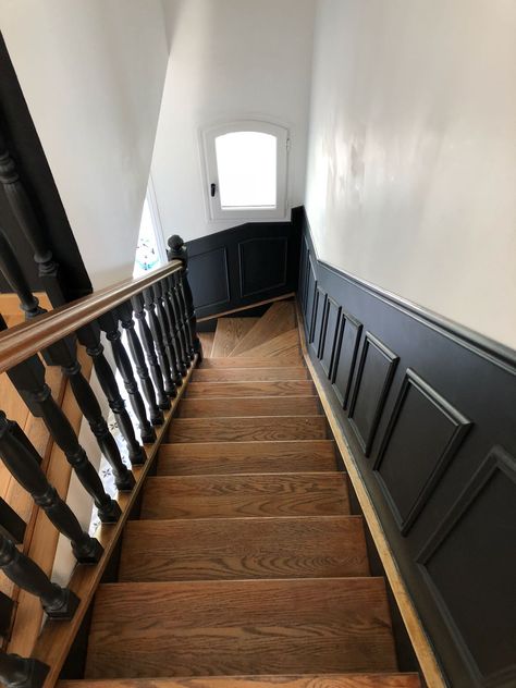 Wood Panelling Stairs, Black Stair Railing, Redo Stairs, Stair Paneling, Stairs Renovation, Victorian Hallway, House Staircase, Staircase Makeover, Hall Stairs