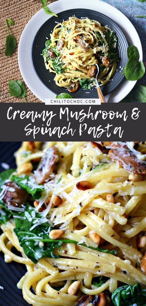 Spinach Mushroom Cream Sauce, Mushroom Linguine Recipes, Garlic Parmesan Pasta With Spinach And Mushrooms, Pasta With Pine Nuts And Spinach, Pasta With Nuts Recipe, Recipes With Pine Nuts Healthy, Pasta Pine Nuts Recipe, Spinach Linguine Recipes, Pasta Mushroom Sauce