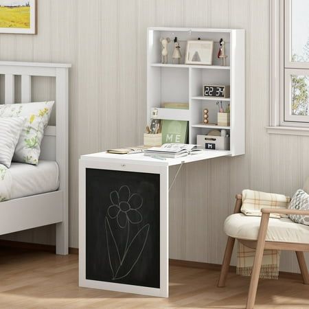 Jaxpety Wall Mounted Space-Saving Desk, Fold Out Computer Laptop Desk with Storage Bookcase & Chalkboard, Convertible Writing Desk for Home Office, White Wall Mounted Folding Table, Home Office White, Fold Out Desk, Desk For Home Office, Space Saving Desk, Storage Bookcase, Wall Mounted Table, Small Nightstand, Dorm Furniture