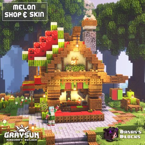 A melon shop design built on minecraft Minecraft Watermelon House, Fruit Minecraft House, Minecraft Tea Shop, Honey Shop Minecraft, Fruit House Minecraft, Minecraft Food House, Minecraft Fruit House, Melon Farm Minecraft, Minecraft Melon Farm