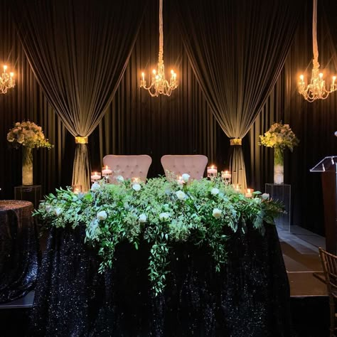 Black Backdrop Wedding Receptions, Black Wedding Backdrop Receptions, Black Wedding Draping, Black Head Table Wedding, Black Wedding Sweetheart Table, Black Drapes Wedding, Black Draping Wedding, Black Sweetheart Table, Chandelier Backdrop