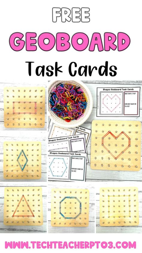 Task Boards Classroom, Geo Board Activities, Geo Board Shape Cards Free, Geoboard Shape Cards Free, Free Geoboard Printables, Geoboard Patterns Free Printable, Geo Board Patterns Printable Free, Shape Math Activities, Geoboard Task Cards Free