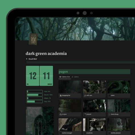 Hafsah | Notion templates, printables Notion Template Ideas Aesthetic For Students Dark, Dark Green Notion Template, Notion Green, Notion Template Dark Aesthetic, Notion Green Aesthetic Template, Notion Template Ideas Dark Mode, Green Dark Academia, Dark Green Academia, Weekly Academic Planner