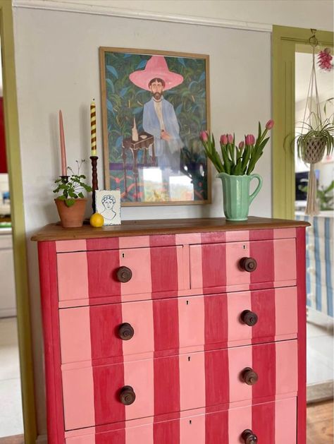 Pink And Red Furniture, Dresser Maximalist, Cottage Maximalist Decor, Colorful Dresser Decor, Storage Unit Aesthetic, Interior Design Items, 90s Aesthetic Decor, Stripe Painted Furniture, Colourful Home Aesthetic