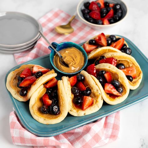 PB&J Pancake Tacos Kid Friendly Breakfast, Pancake Tacos, Pb And J, Kid Friendly Breakfasts, Buttermilk Pancake Mix, Ready Set Eat, Taco Bake, Frozen Pie, Small Microwave