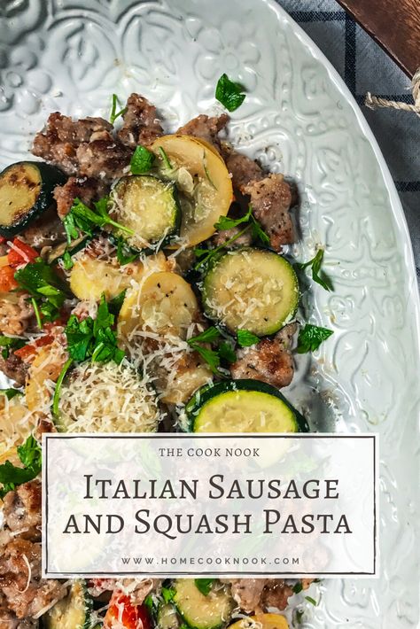 Italian Sausage and Squash Pasta Toss – The Cook Nook Zucchini And Sausage Recipes Pasta, Sausage Zucchini Pasta Recipes, Summer Squash And Sausage Recipes, Italian Sausage Zucchini Pasta, Italian Sausage And Squash Recipes, Zucchini Squash And Sausage Recipes, Sausage Squash Pasta, Squash Sausage Recipe, Squash Sausage Pasta