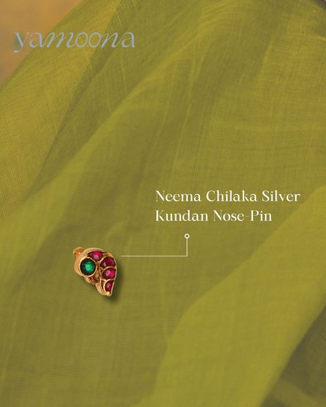 The perfect statement nose pin is the perfect finishing touch to any traditional South-Indian look.Featured here are the Neema Chilaka Silver Kundan Nose-Pin plated in 22 kt gold on 925 sterling silver. The pin features a classic parrot shape and yet is small enough to not overpower your look. Shop now at yamoona.co or DM us for prices & shipping details! 💌 [Indian Silver Jewelry, Oxidized Silver Jewelry, Heirloom Jewelry, Tribal Jewelry, Emerald Jewelry, Ruby Jewelry, Luxury Fashion, Handc... Traditional Nose Pins South Indian, Ruby Nose Pin, Oxidized Silver Jewelry, Jewelry Oxidized, Nose Pins, Jewelry Emerald, Oxidised Silver Jewelry, Jewelry Ruby, Heirloom Jewelry