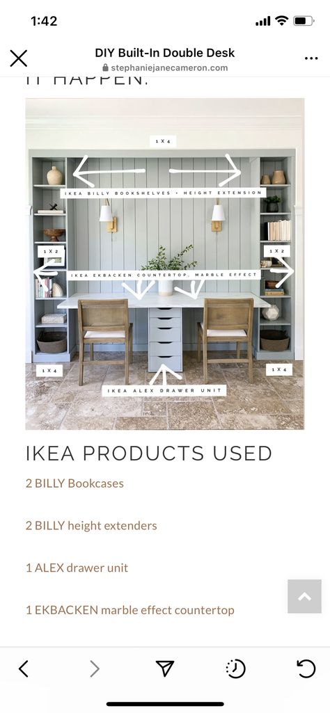 Book Shelves With Desk In Middle, Desk With Billy Bookcase, Office Nook Ikea, Ikea Cabinets In Office, Built In Toy Storage With Desk, Desk And Bookcase Combo, Ikea Desk Bookshelf Combo, Ikea Bookcase Desk Hack, Bookshelf And Desk Combo