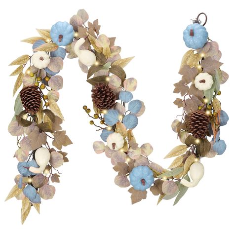 PRICES MAY VARY. 【Fall Garland】The combination of pinecone and pumkins in blue tone gives a special feeling of autumn,symbolizing harvest and prosperity. 【Size】The full size of garland is about 6ft (180-182cm), providing ample coverage for most scenes. (Note that a deviation of 2~3cm may occur due to manual measurement.) 【Lights with Timer】The autumn garland comes with warm yellow LED lights, creating an extraordinary luminous ambiance. By easily switching the button to the "ON" position, the li Blue Fall Bedroom Decor, Light Blue Fall Decor, Fall Garland Ideas, Blue Pumpkin Decor, Blue And Orange Fall Decor, Blue And White Fall Decor, Teal Fall Decor, Coastal Fall Decor, Garland With Lights