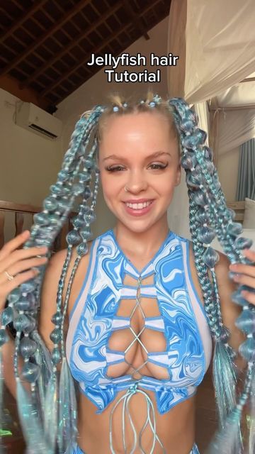 Festival & Rave Clothing on Instagram: "Jellyfish rave hair tutorial 💙🥹 I know you have been waiting for this oneeee #rave #ravehairtutorial #ravehair #festivalhair #hairtutorial #festival #ravebraids" Rave Pigtails, Mermaid Hair Tutorial, Rave Braids Festival Hair, Festival Hair Tutorial, Mermaid Hairstyles, Rave Braids, Ladder Braid, Festival Braids, Rave Hair