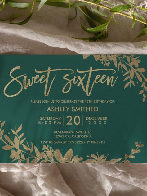 Green Sweet Sixteen Decorations, Green Gold Sweet 16, Sweet Sixteen Party Ideas Green, Sweet 16 Invitations Green, Green Sweet 16, Green And Gold Birthday Invitation, Green Color Background, Gold Typography, Sweet Sixteen Birthday