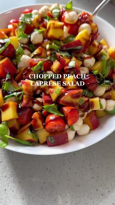 this peach caprese salad feels like the kind of salad that just needs ... | Caprese Salad Recipe | TikTok Peach Caprese Salad, Healthy Jam, Peach Caprese, Mozzarella Pearls, Caprese Salad Recipe, Salad Inspiration, Peach Salad, Refreshing Salad, Basil Leaves