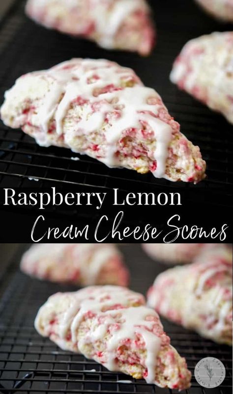 Raspberry Lemon Cream Cheese Scones made with fresh raspberries, lemon zest and cream cheese; then topped with a lemony sugar glaze. Raspberry Cream Cheese Scones, Raspberry Ideas, Raspberry Cream Cheese Muffins, Cream Cheese Scones, Sweet Scones, Raspberry Scones, Delicious Muffins, British Cooking, Lemon Cheese