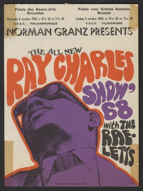 Norman Granz Presents The All New Ray Charles Show. 1968. Blues Posters Music, 60s Concert Posters, Type Focused Poster, 60s Music Posters, Ray Charles Poster, Graphic Music Poster, Jazz Music Poster, Jazz Poster Vintage, Soul Music Poster