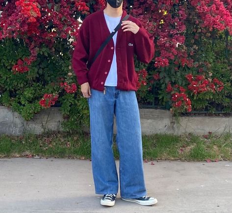 Spring Fits Aesthetic Men, Red Cardigan Outfit Men, Lacoste Cardigan Outfit, Cardigan Outfit Aesthetic Men, Maroon And Blue Outfit, Maroon Outfit Men, Red Converse Outfit Men, Maroon Aesthetic Outfit, Cardigan Outfit Men Street Styles