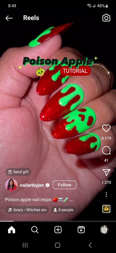 Evil Queen Nail Art, Poison Apple Nail Art, Evil Queen Nails, Poison Apple Nails, Poison Nails, Apple Nails, Skull Nail Art, Character Nails, Skull Nails