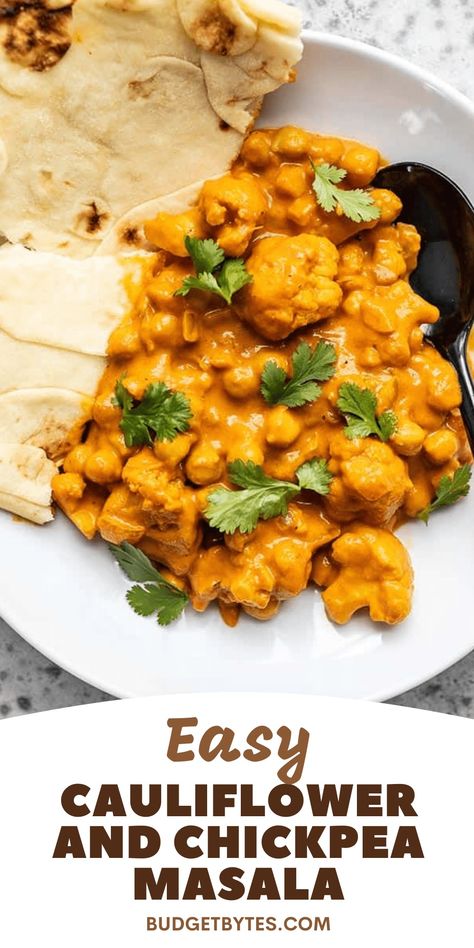 This super easy, ultra creamy, and heavily spiced Cauliflower and Chickpea Masala will be your new favorite weeknight dinner! So much flavor, so little effort. Cauliflower Masala, Cauliflower And Chickpea Curry, Chickpea Masala, Cauliflower Chickpea, Spiced Cauliflower, Veg Curry, Budget Bytes, Easy Cauliflower, Cauliflower Curry