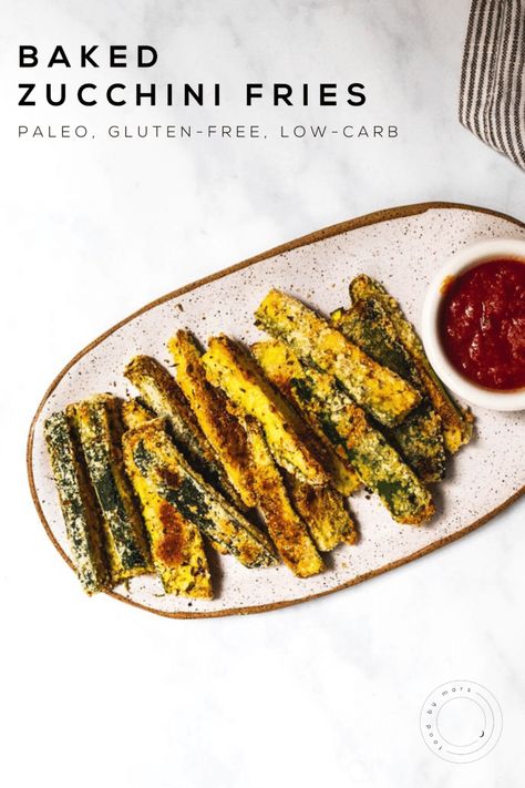 Baked Zucchini Fries (Paleo, Gluten-free, Low-carb) - Food By Mars Paleo Zucchini Fries, Factor Recipes, Zucchini Fries Baked, Gameday Recipes, Baked Zucchini Fries, Paleo Zucchini, Paleo Side Dishes, Paleo Sides, Baked Zucchini