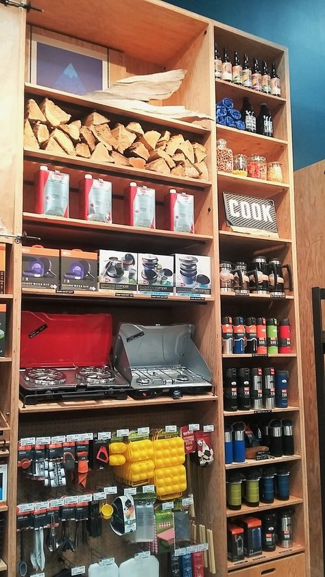 Camping Retail Display, Outdoor Retail Display, Campground Store Ideas, Camping Store Display, Outdoor Retail Store Design, Campground Business, Bbq Business, Camp Store, Camp Ground