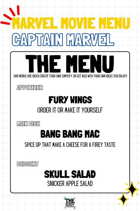 Marvel Movie Night, Friday Recipes, Movie Dinner, Snicker Apple Salad, Disney Movie Night Dinner, Movies Family, Movie Night Dinner, Disney Dishes, Marvel Party