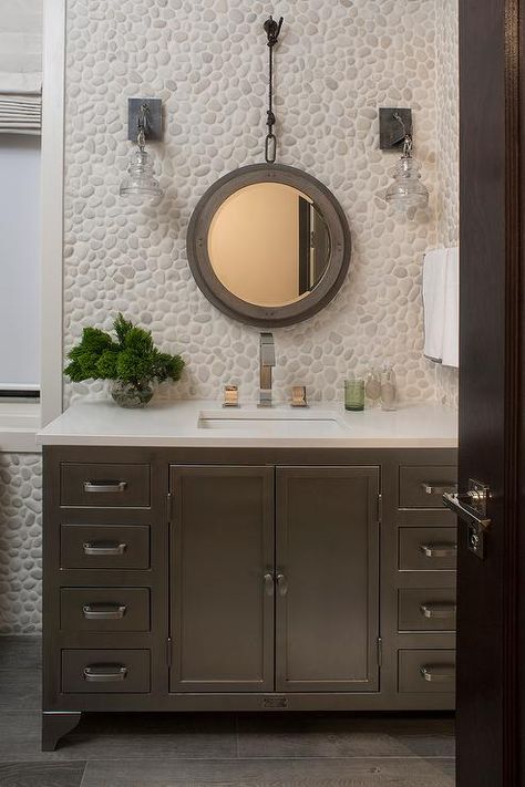 Ivory and Taupe Bathroom with River Rock Tiled Wall - Transitional - Bathroom River Rock Bathroom, River Rock Tile, Masculine Bathroom Decor, Ix Chel, Cabana Bathroom, Taupe Bathroom, Pebble Tiles, Rock Tile, Masculine Bathroom