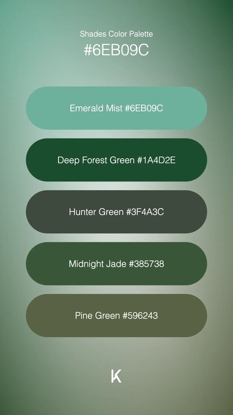 Shades Color Palette Emerald Mist #6EB09C · Deep Forest Green #1A4D2E · Hunter Green #3F4A3C · Midnight Jade #385738 · Pine Green #596243 Deep Forest Green, Hex Color Palette, Cool Green, Hex Colors, Deep Forest, Pine Green, Color Pallets, Hunter Green, Unique Colors