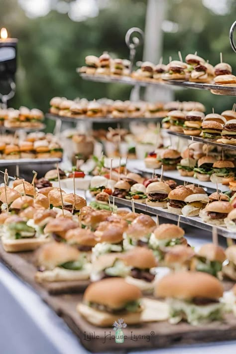 15 Cheap Wedding Food Ideas for a Crowd - Little House Living Casual Wedding Food, Cheap Wedding Food Ideas, Finger Food Wedding Reception, Reception Finger Foods, Reception Food Station, Wedding Sandwiches, Slider Station, Cheap Wedding Food, Rehearsal Dinner Food